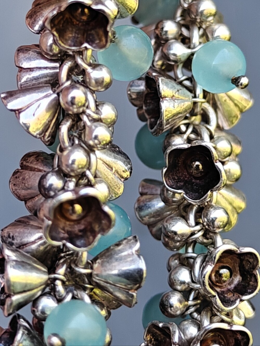OOAK Sterling Silver Dangling Bell Flowers And Blue Amazonite Stones Necklace